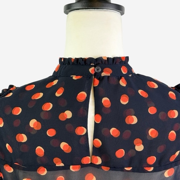 Maeve Anthropologie High Neck Sheer Polka Dot Ruffle Blouse Size 2 Navy Orange - Picture 5 of 10